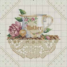 a cross stitch pattern with a coffee mug and roses on it, in the middle of a