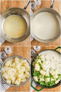 four pictures showing how to make potatoes and peas in a saucepan with gravy