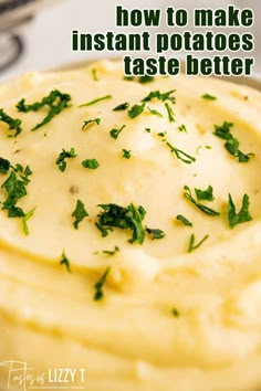 a close up of food on a plate with text overlay that reads how to make instant potatoes taste better