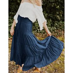 Navy Blue Bohemia Pleated High Waist Maxi Skirt Blue Non-stretch High Waist Skirt, Non-stretch Blue Skirt For Summer, Non-stretch High Waist Blue Skirt, Bohemian Indigo Bottoms For Spring, Casual Indigo Summer Skirt, Casual Indigo Skirt For Summer, Blue Non-stretch Bohemian Maxi Skirt, Non-stretch Blue Bohemian Maxi Skirt, Blue Tiered Maxi Skirt For Summer