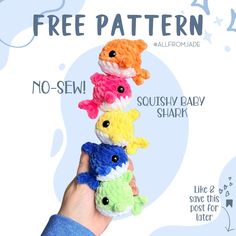 a hand holding five small stuffed animals in different colors and sizes, with the caption free pattern