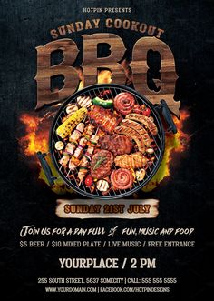 an outdoor bbq flyer with various foods on it