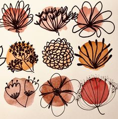 an image of flowers drawn on paper with ink and watercolor pencils in different colors