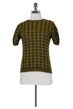 Current Boutique-Prada - Green & Mustard Plaid Knit Top Sz 4 Casual Argyle Pattern Top For Fall, Casual Plaid Wool Top, Plaid Wool Tops For Winter, Winter Wool Plaid Tops, Fitted Argyle Pattern Tops For Winter, Plaid Wool Top For Fall, Fall Fitted Argyle Sweater, Fall Season Argyle Sweater, Fitted Argyle Pattern Sweater For Fall