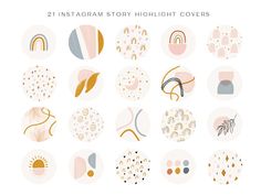 21 instagram story highlight covers in pastel colors and gold foil designs on white background