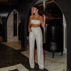 Glitter Suit, Loose Cotton Pants, Glitter Pants, Slim Straight Pants, Cropped Camisole, Top Pants Set, Crop Tank Top, Elegant Shirt, Trouser Suits