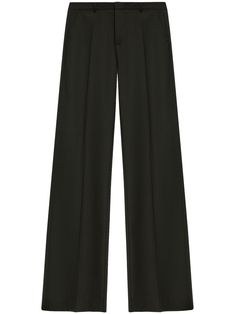 black wool blend logo plaque mid-rise belt loops front button and zip fastening slip pockets to the sides pressed crease two rear button-fastening jetted pockets wide leg Sleek Wide Leg Dress Pants With Belt Loops, Modern Wide Leg Pants For Business, Black Wide-leg Dress Pants, Black High-waisted Wide Leg Pants For Tailoring, Modern Black Wide Leg Pants With Belt Loops, Modern Wide Leg Wool Bottoms, Business Black Wide-leg Dress Pants, Business Wool Wide Leg Dress Pants, Luxury Tailored Black Wide Leg Pants