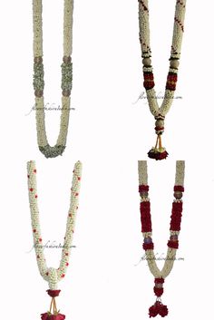 four necklaces with beads and tassels hanging from them