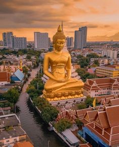 a large golden buddha statue sitting on top of a lush green field next to a river