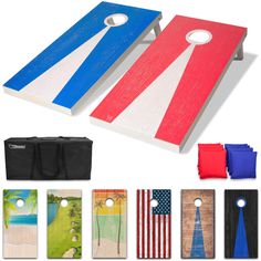 two cornhole boards with different colors and designs