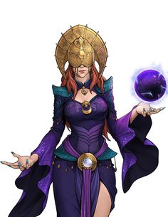 a woman dressed in purple holding a crystal ball