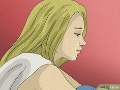 a woman with long blonde hair is looking at her cell phone while sitting in front of a pink wall