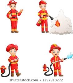 four different fire fighters in various poses