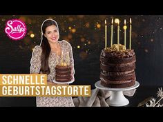 a woman standing next to a cake with candles on it and the words schnelle geurtstagstorie