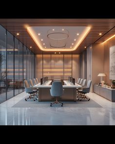 an empty conference room with chairs around a round table and lights on the wall above it