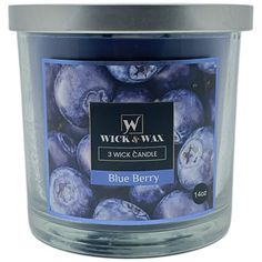 a blueberry scented candle in a glass jar with a label that reads wick & wax 3 wick candle