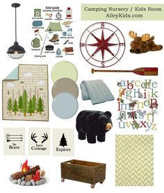 a collage of camping nursery / kids room items including bear, tent, campfire, firewood, compass and more