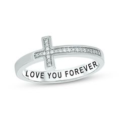 Give her this faith-filled ring as a promise of your intentions. Crafted in sterling silver with a rhodium finish, this round diamond-lined horizontal cross design has a total diamond weight of 1/20 carat. Personalize your style with names or a message (up to 16 letters) inside the bottom of the band. Promise Ring Silver, Cross Ring, Cross Design, Jewelry Lookbook, Christian Jewelry, Cross Designs, Bling Jewelry, Ring Silver