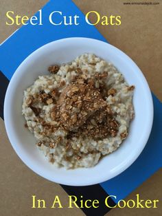 steel cut oats in a rice cooker on a blue and white place mat