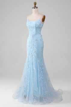 Sparkly Light Blue Beaded Mermaid Long Prom Dress Prettiest Dresses, Trumpet Prom Dress, Prom Dress Elegant, Formal Ideas, Beaded Mermaid, Prom Dresses Elegant, Sparkly Prom Dresses, Light Blue Dress, Spaghetti Strap Prom Dress