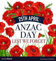 an anzac day poster with red poppies and grass