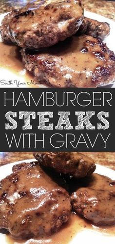 hamburger steaks with gravy on a white plate and in the background there is a text overlay that says hamburger steaks with gravy