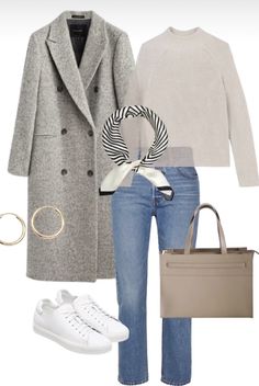 March Style Outfit, Gray Handbag Outfit, Chic Casual Spring Outfits 2024, White Shirt Fall Outfit, Autumn Style Outfits, Grey Work Outfit, Grey Capsule Wardrobe, Smart Casual Street Style, Blue Fall Outfits