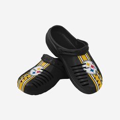 Strap in and seize the day. With these Pittsburgh Steelers Team Stripe Clogs with Straps, you'll always be ready to kick it into sports mode. Features All-over team-colored, striped design so you can rep the team in style Team logo displays on each, in case there were any doubts where your allegiances lie Comfortable heel strap, perfect for any outdoor adventure Roomy, comfortable fit to help you enjoy every step Ventilation gaps for maximum breathability Versatile, lightweight clog shoe that wi Sporty Breathable Clogs For Sports, Sporty Fade-resistant Clogs For Sports, White Sporty Clogs For Sports, Sporty White Clogs For Sports, Sporty Non-slip Synthetic Clogs, Sporty Black Fade-resistant Clogs, Sporty Black Breathable Clogs, Black Non-slip Sports Clogs, Logo Garden