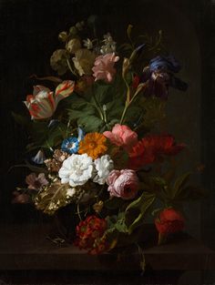 a painting of flowers in a vase on a table