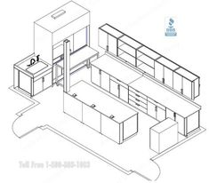 the floor plan for an office with desks, cabinets and cupboards in it