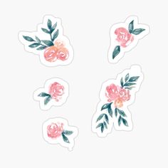 four pink flowers stickers with green leaves on the bottom and one flower in the middle