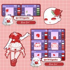 an image of a game screen with different outfits and accessories on the screens, all in pink