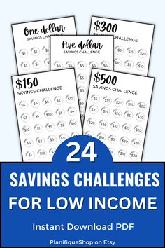 four savings challenge cards with the text, 24 savings challenges for low income instant printable