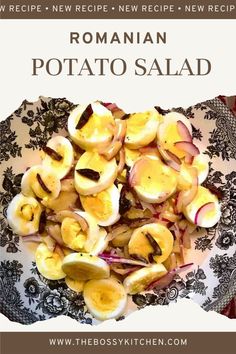 a plate with sliced up bananas and other food items on it, in front of the words roman potato salad