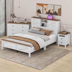 a bedroom scene with focus on the bed, dresser and nightstands that are white