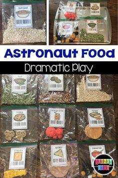 an assortment of food in plastic bags with the words astronaut food dramatic play on them