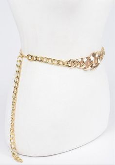 This cute gold-chain belt is perfect to accessorize your outfit. It has a clasp closure and can be adjusted to your liking. Gold Chain Belt With Chain Strap For Parties, Gold Chain Belt With Strap For Party, Gold Chain Strap Belt For Party, Gold-tone Adjustable Chain Belt For Party, Party Gold-tone Chain Belt With Adjustable Chain, Trendy Adjustable Gold Waist Chain, Gold Waist Chain With Chain Strap For Party, Gold Metal Chain Belt For Parties, Gold Waist Chain For Parties