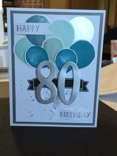 a happy 80th birthday card with balloons and the number 80 on it's front