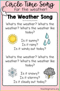 Make circle time educational and interactive with these weather printables! Teach preschoolers about different types of weather using visuals and a weather chart. Weather Songs Preschool, Weather Chart Ideas, Weather Unit Preschool, Weather Preschool Activities, Preschool Curriculum Map, Circle Time Ideas, Preschool Weather Chart, Weather Printables, Weather For Kids