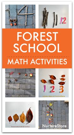 the cover of forest school math activities, including leaves and numbers on brick flooring