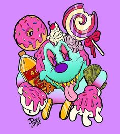 an image of a cartoon character with donuts and candy on his face, sitting in front of a purple background