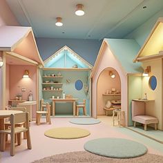 the interior of a child's playroom with furniture and accessories in pastel colors