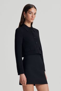 CREPE KNIT CROP BUTTON JACKET - BLACK - Scanlan Theodore Elegant Cropped Jacket With Button Closure, Elegant Cropped Button Jacket, Black Single-breasted Cropped Jacket, Black Cropped Blazer With Button Closure, Elegant Fitted Cropped Button-up Jacket, Formal Black Cropped Jacket, Elegant Black Single-breasted Cropped Jacket, Black Single-breasted Cropped Office Jacket, Black Cropped Outerwear With Button Closure