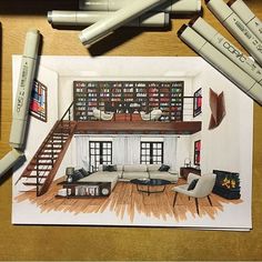 a drawing of a living room with stairs