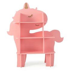 a pink unicorn book shelf with eyes closed