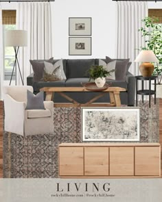 the living room is decorated in shades of gray and beige, with neutrals and browns