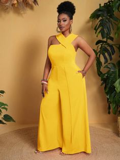 Plus Size Women Sleeveless Loose Solid Color With Pockets Wide Leg Jumpsuit Yellow Elegant  Sleeveless Knitted Fabric Plain Other Slight Stretch  Women Plus Clothing, size features are:Bust: ,Length: ,Sleeve Length: Photo Mannequin, Yellow Jumpsuit, Best Casual Outfits, Solid Color Jumpsuits, Loose Jumpsuit, Jumpsuit Dressy, Girl Closet, Fashion Aesthetics, Comfy Dresses