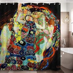 a shower curtain with an image of two women in the style of klime