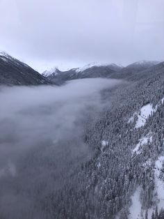 an aerial view of snow covered mountains and trees in the foreground with low clouds