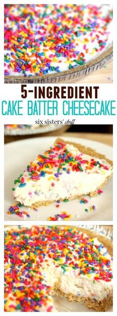 a cake with sprinkles on it and the words 5 ingredient cake batter cheesecake